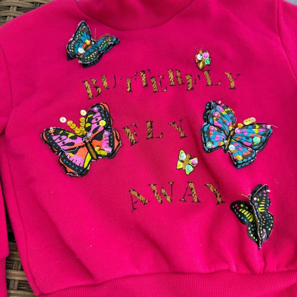 Vintage 90s ZING Girls Size 4 Pink 3D Butterfly Fleece Sweatsuit 2 Pc Set